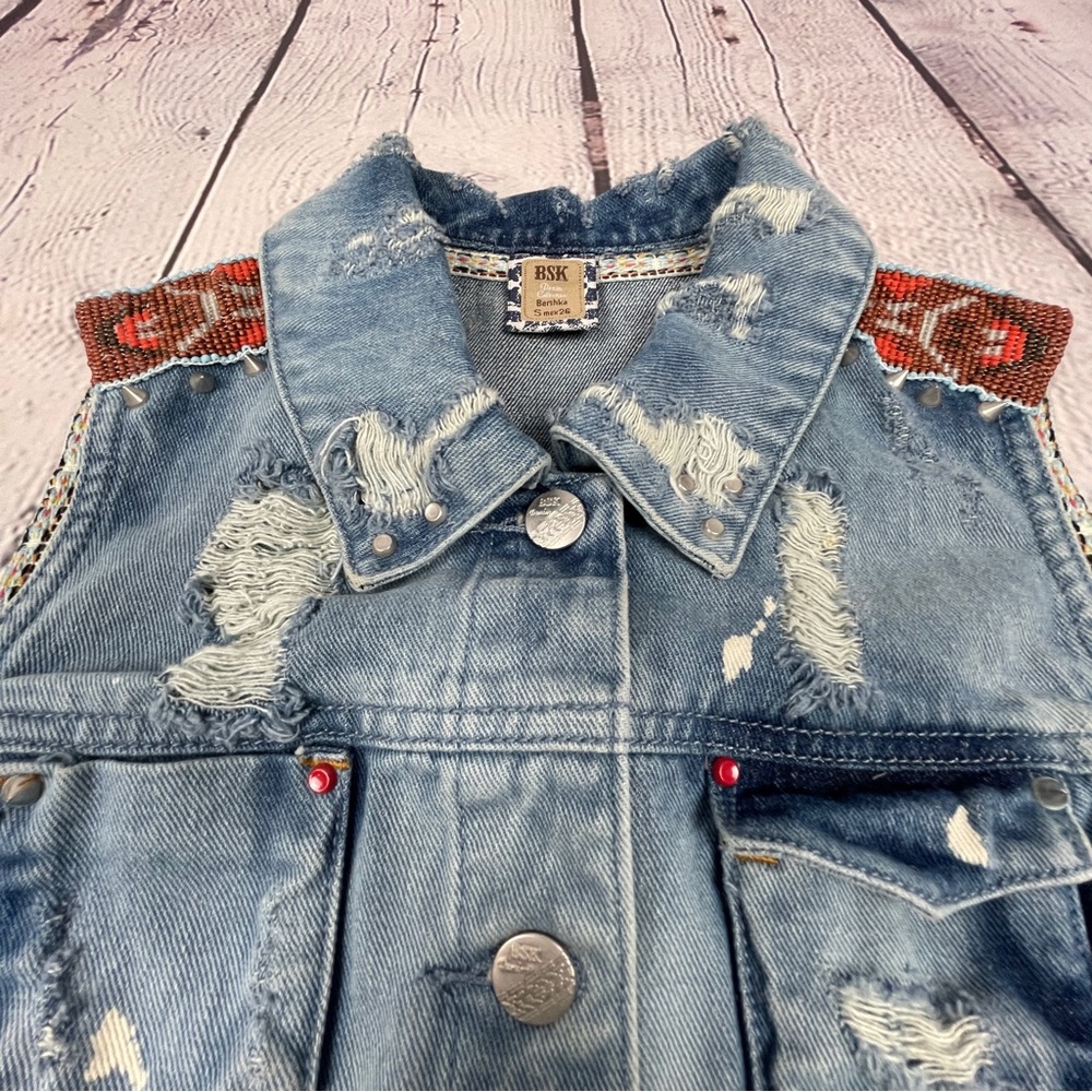 BERSHKA denim distressed vest with spikes beading, size S - Picture 4 of 16
